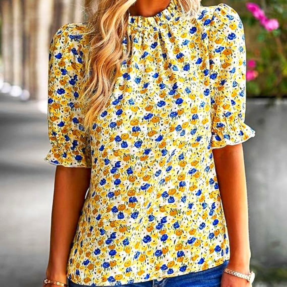 Women's Summer Boho Shirt Top Ruffle Short Sleeve Frill Trim Mock Neck Floral. M